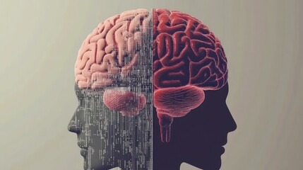 Dual brain hemispheres, digital overlay, neutral background, mind concept illustration