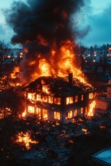 Devastating house fire consumes structure in urban setting during twilight hours