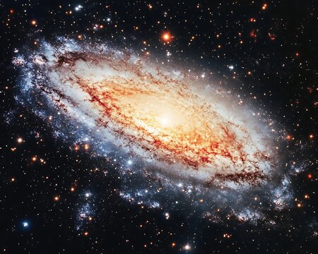 A bright and vibrant spiral galaxy is seen in the darkness