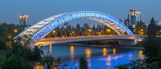 Fototapeta premium Illuminated Architectural Bridge Spanning a River at Dusk in the City