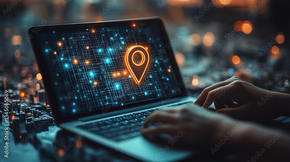 Poster person using laptop with digital map and network connections, a person typing on a laptop with a dig