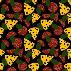 Cartoon food seamless cheese and sausage pattern for wrapping paper and fabrics and linens and kids clothes print