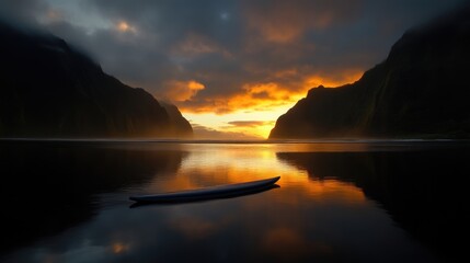 Fototapeta premium Serene sunset over tranquil bay with a lone paddleboard