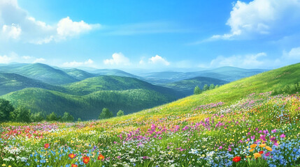 Vibrant wildflower meadow under a bright blue sky with fluffy clouds and rolling green hills in the background