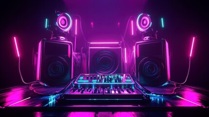 Neon DJ setup, vibrant, 3d render, music equipment, studio