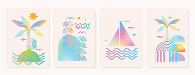 Modern summer gradient poster background vector set. Minimalist cover template with vibrant geometric shape, coconut tree, sea wave, line. Ideal design for social media, cover, banner, flyer.