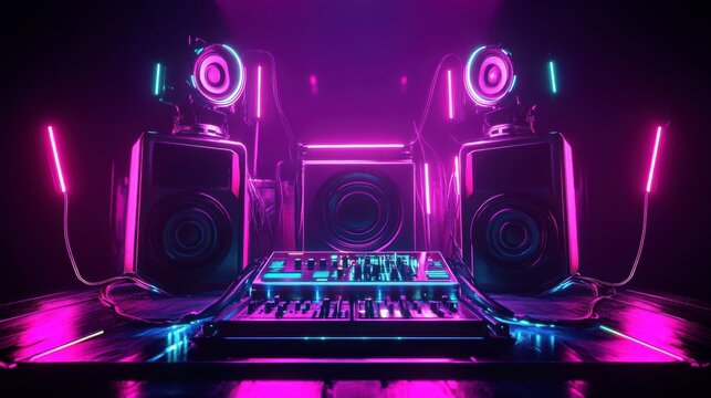 Neon DJ setup, vibrant, 3d render, music equipment, studio