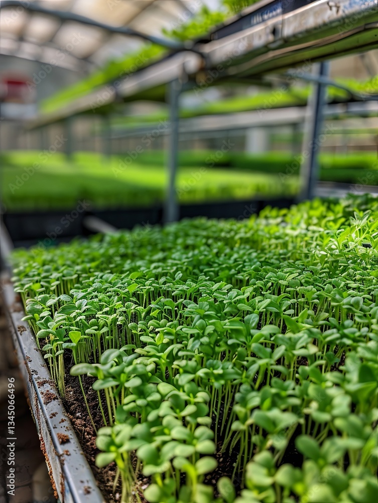 Poster rows of microgreens flourishing under precise drip irrigation in a greenhouse environment generative