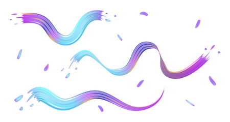 A set of three-dimensional curly vector brush strokes in different versions with a gradient colorful texture, highlighted on a white background.