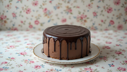Rich Chocolate Cake with Drizzled Ganache on Floral Tablecloth