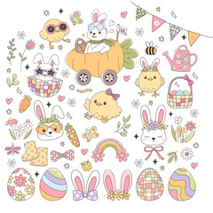 Retro Eater Bunny Vector with Easter Eggs, Chick and Spring Elements Doodle Hand Drawn design