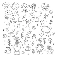 Silly Goose Vector, Daisy Flower, Spring Elements Coloring Page Line art Doodle Hand Drawn design