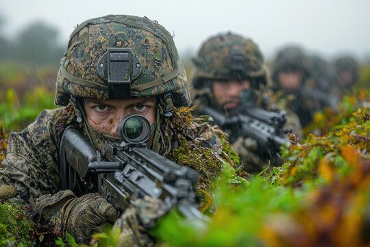 Soldiers in camouflage crouch in wet terrain while focusing on a target during a training exercise at dawn in a military training area