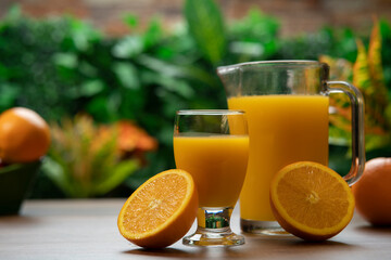 Half an orange resting on a glass of juice and a jug of orange juice against a background of green plants