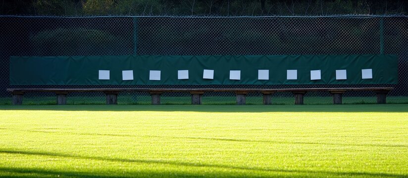 A long bench with targets on a green wall at a range
