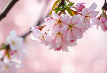 Soft pink Sakura flowers flutter gently, creating a beautiful display against a pastel backdrop during springtime's bloom.