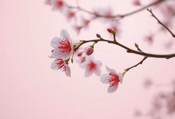 Soft pink Sakura flowers flutter gently, creating a beautiful display against a pastel backdrop during springtime's bloom.