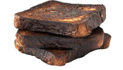 Stack of three slices of burnt toast on a transparent background Concept of cooking fail, breakfast gone wrong, and unhealthy eating