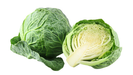 Fototapeta premium Fresh green cabbage, one whole and one halved, isolated on a transparent background Healthy eating concept with raw vegetable for salad and cooking