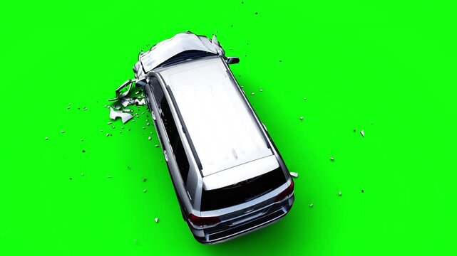 Generic 3d car crash test. Car destruction. Green screen isolate.