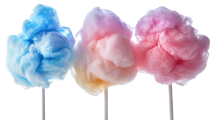 Three colorful cotton candy flosses on sticks, blue, pink, and peach, isolated on a transparent background Concept of sweet treat, childhood, and summer fun