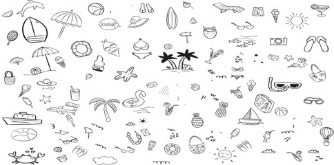 Greek or italian coastal summer vacation doodle style illustration set.