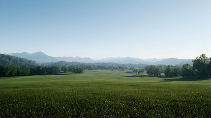 Obraz premium Expansive Green Field Under Clear Blue Sky with Lush Vegetation and Rolling Hills in the Distance