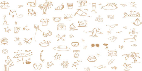 Greek or italian coastal summer vacation doodle style illustration set.