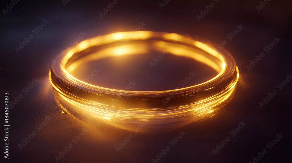 Poster glowing circular ring of light on a reflective surface, creating an ethereal atmosphere at dusk