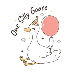 Silly Goose Design with One Silly Goose, 1st Birthday Goose Farm Animal Party Hand Drawn Design Vector