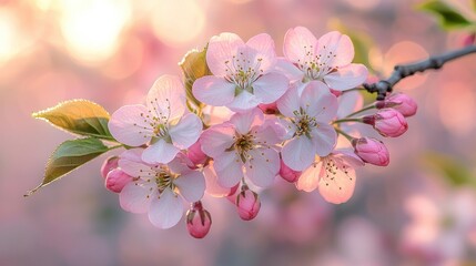 Delicate pink blossoms and buds on a branch with soft sunlight backdrop