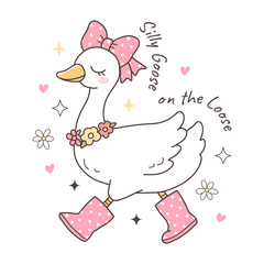Spring Goose Design with Silly Goose on the Loose Trendy Pink for Girl Hand Drawn Design Vector