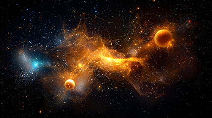 Colorful Space Nebula With Orange Planets