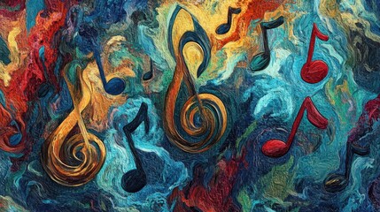 Abstract artwork with musical notes and vibrant colorful background