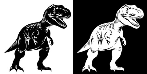 prehistoric realistic dinosaur silhouette isolated on white and black background