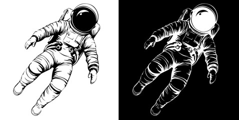 astronaut in a spacesuit is flying silhouette isolated on white and black background