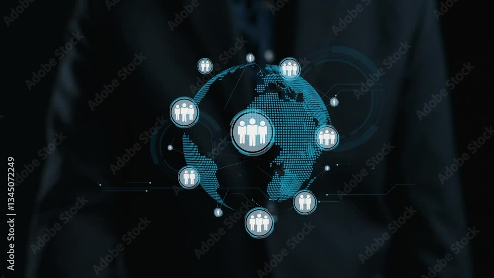 Poster visual representation of a global network featuring digital connections among people, emphasizing mo