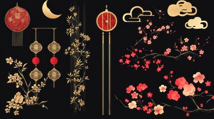 Decorative elements of asian style flowers lanterns and moon
