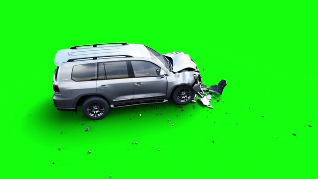 Generic 3d car crash test. Car destruction. Green screen isolate.