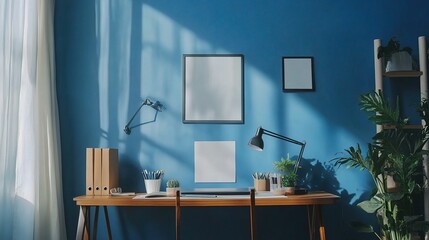 Cozy Home Office Desk Setup with Blue Wall and Green Plants