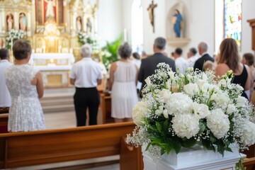 Mourners at a Catholic funeral service with white floral arrangements in the church