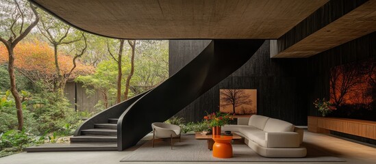 An open modern living space overlooks a lush vibrant green garden