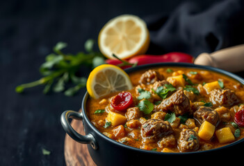Mutton haleem simmered with spices and herbs is beautifully displayed in a bowl, garnished with lemon on a dark surface.