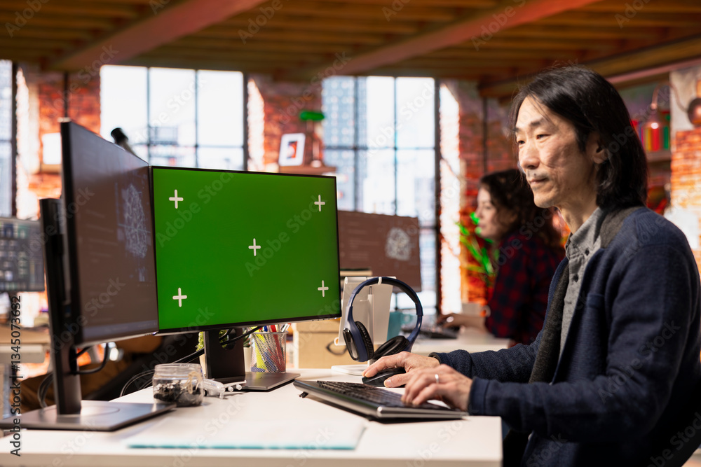 Poster ai startup office chief technology officer building application on green screen computer. senior dev