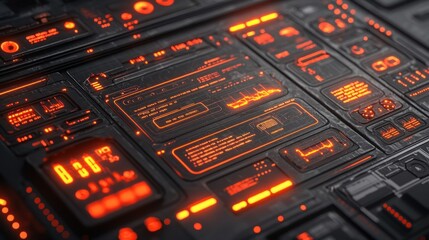 Detailed view of futuristic control panel with glowing orange interface