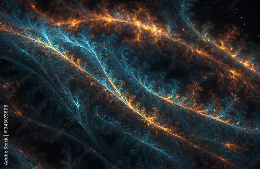 Poster fractal-inspired glowing pattern resembling energy waves in deep space