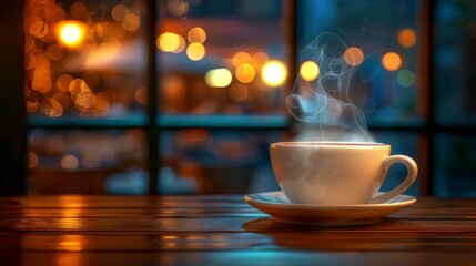 A warm, inviting café scene with a hot latte, latte art, and sunlight streaming in. Ideal for promoting coffee brands or inspiring creativity with its cozy, productive atmosphere.