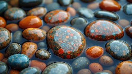 Colorful mineral stones, smoothed by river water, surface through erosion and earth movements. Earth's hidden gems revealed in riverbeds