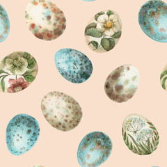 Easter seamless pattern with painted quail egg on the cream background. Hand drawn watercolor scattered design in vintage style. Cute print ideal for wallpaper. Perfect for holiday fabric and paper.
