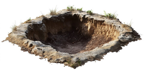 Hole in ground isolated. Deep earth nature land surface texture, dig, pit, burrow, soil 
